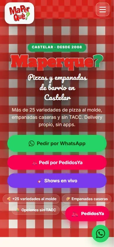 Página de inicio de Ma Perque?, una pizzería de Castelar, en celular