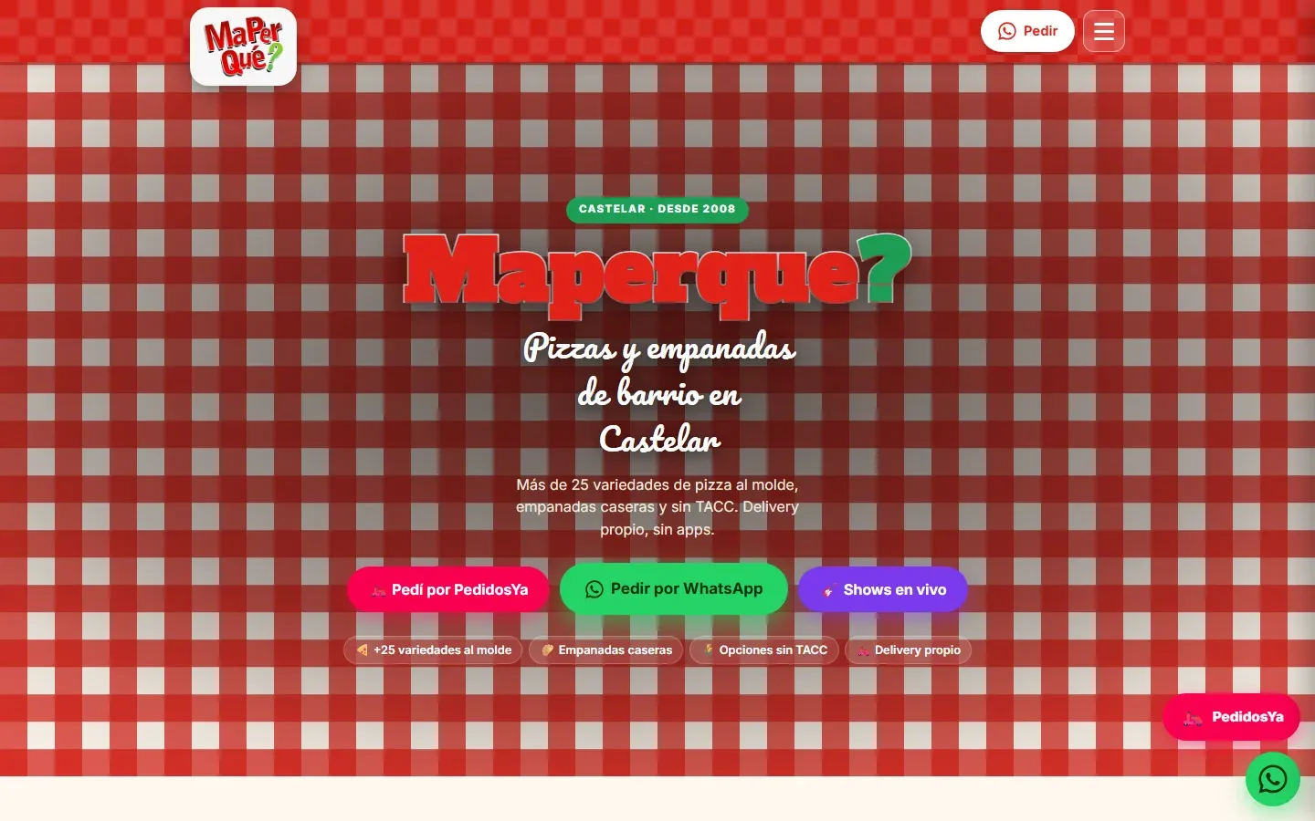 Página de inicio de Ma Perque?, una pizzería de Castelar, en computadora